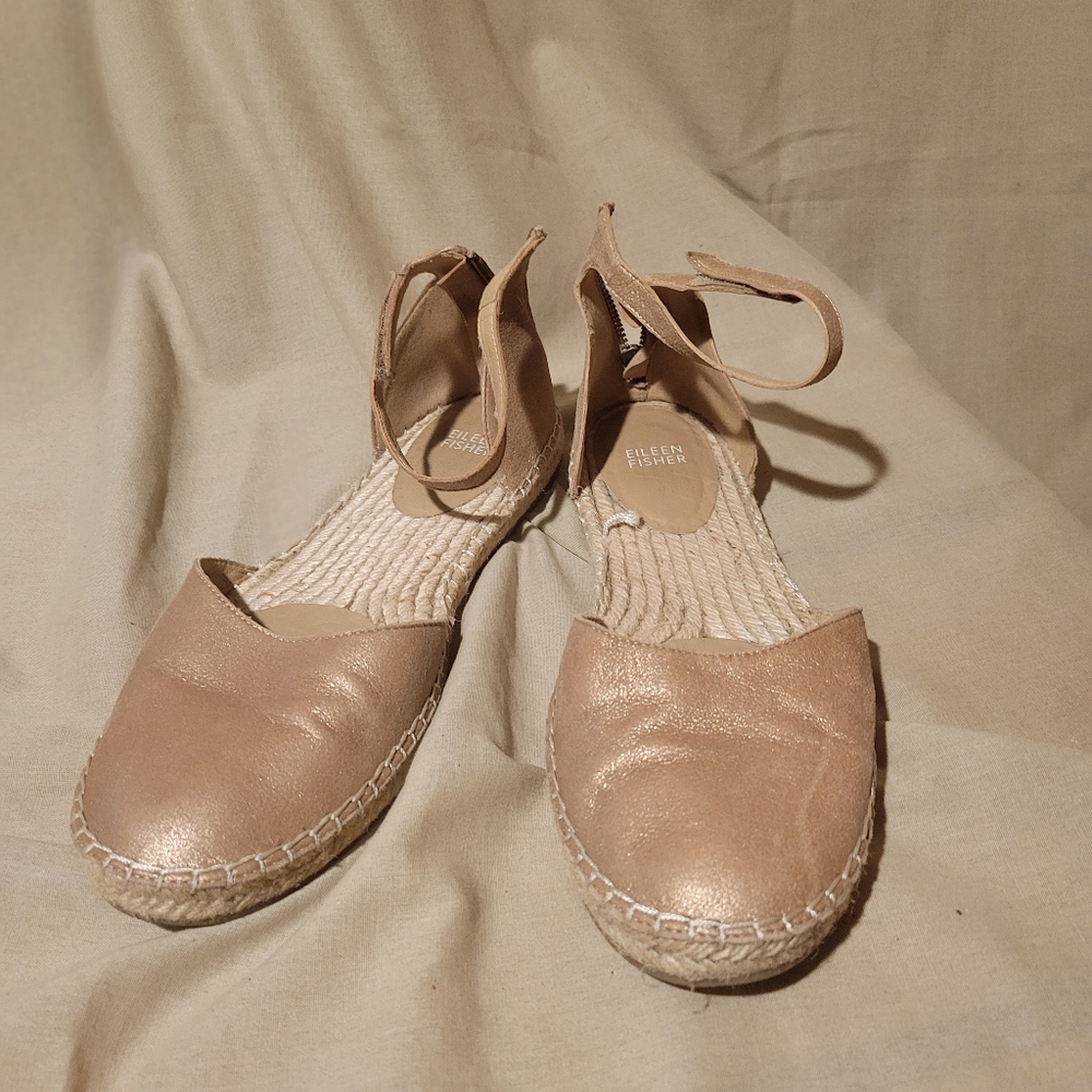 Eileen Fisher Espadrille Lala Tumbled Metalic Leather Flat Shoes Women's